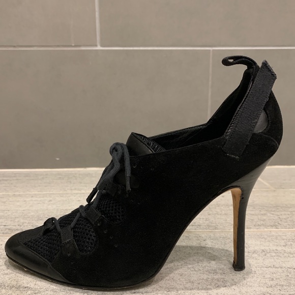 CONSIGNED. Manolo Blahnik Suede Heels with Mesh Overlay - Picture 10 of 16